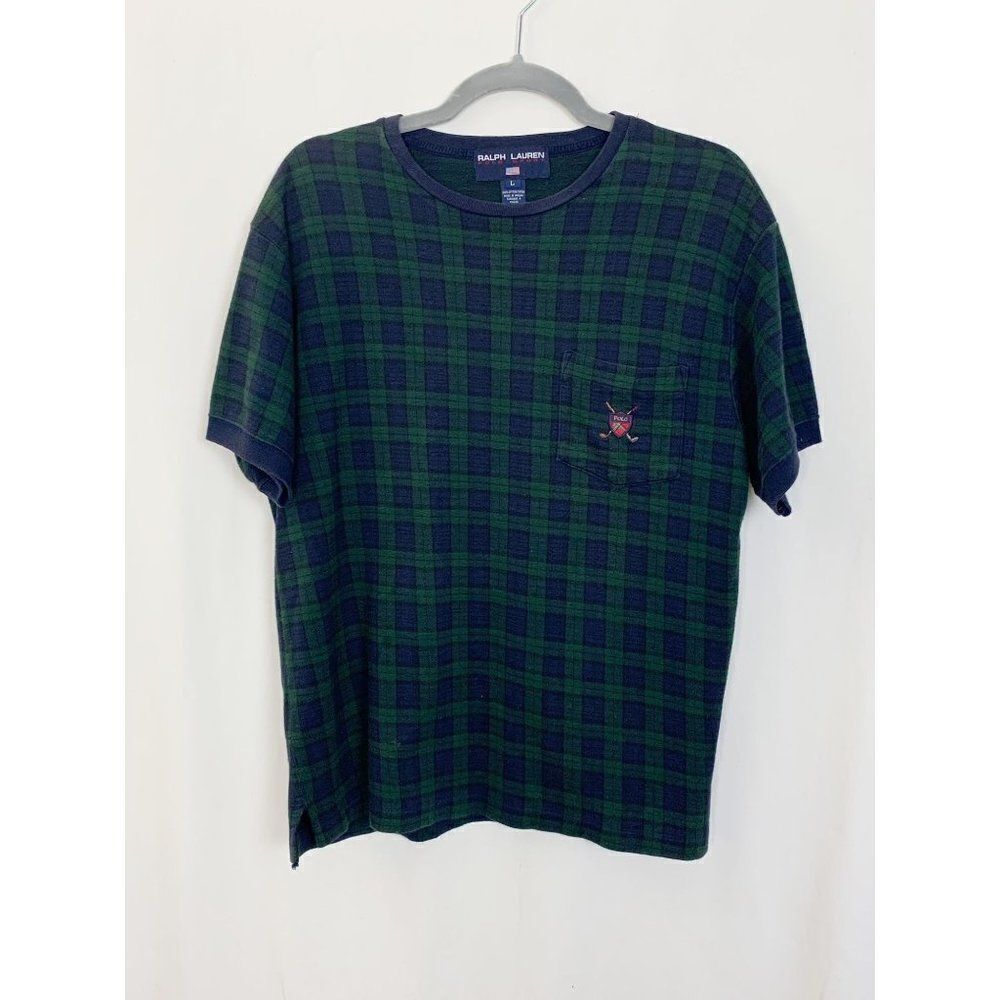Vintage Ralph Lauren Shirt Large Blue Green Plaid Pocket